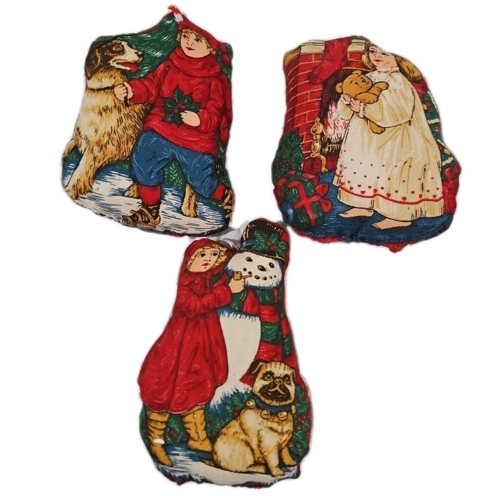 Set Of 3 Handmade Christmas Quilted Stuffed Ornaments Vintage Dog Snowman Teddy